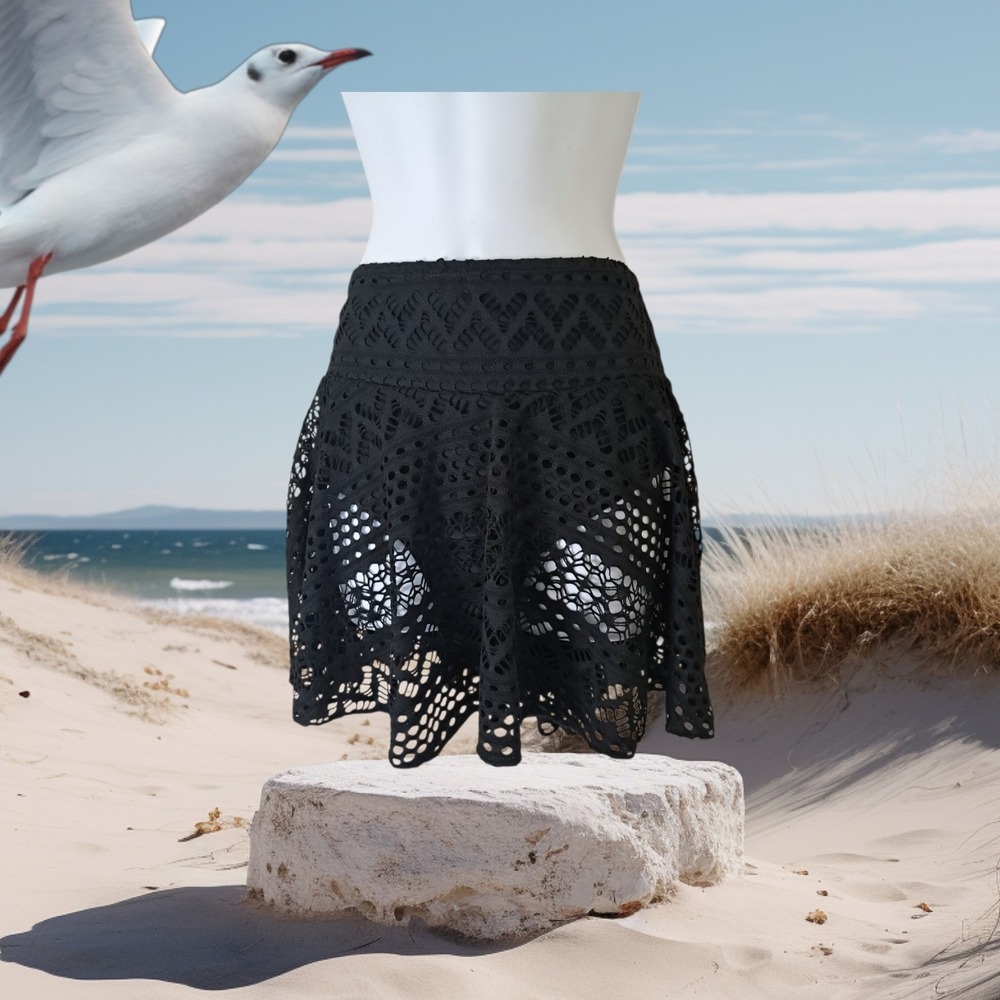 Black Lace Swim Skirt XL Flirty Casual Resort Wear Vacation Mini Stretch‎ Boho
